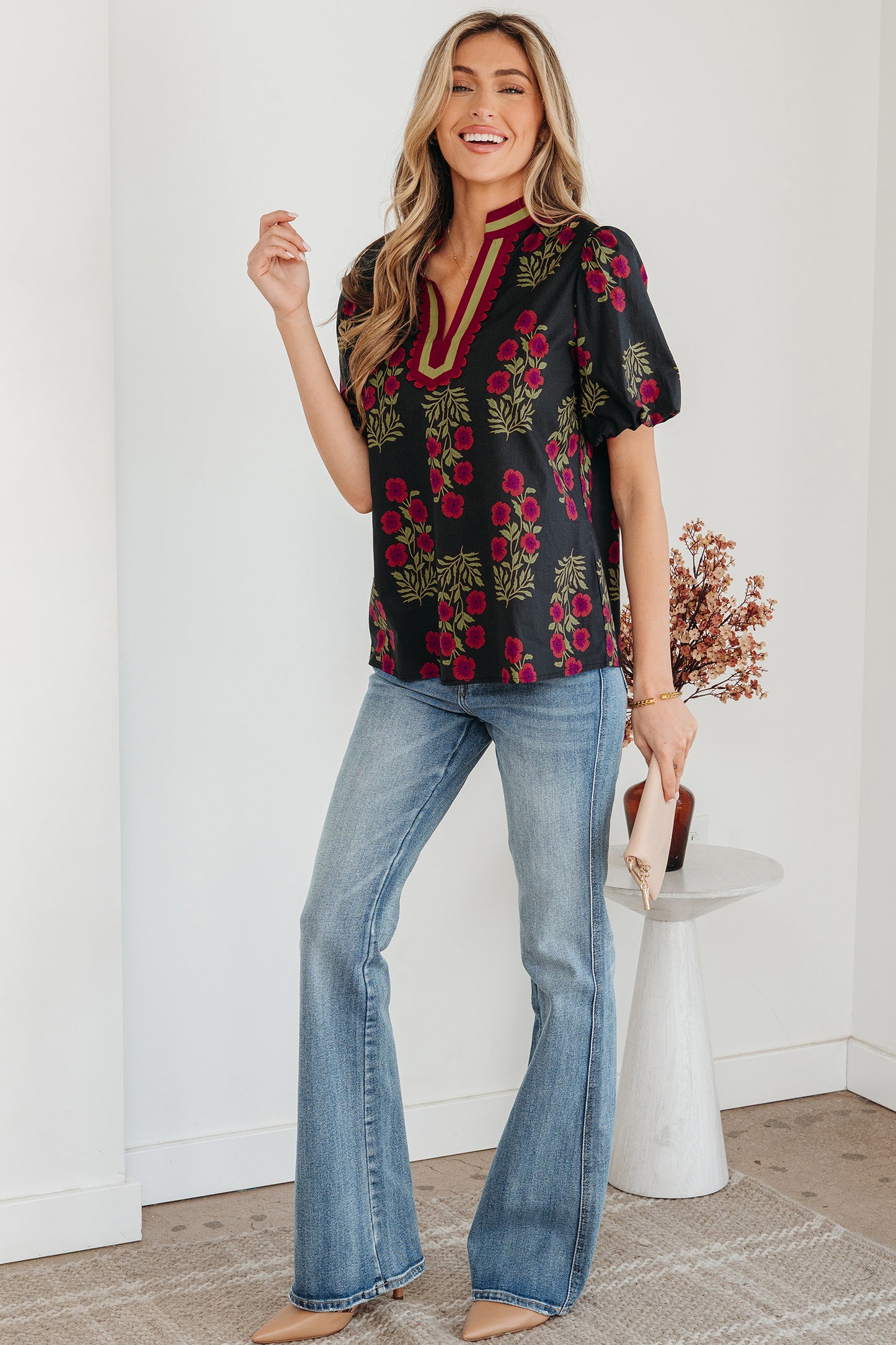 White Floral Short Bubble Sleeve Contrast Slit Neckline Blouse