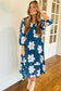 Blue Floral Print Shirt Collar V Neck 3/4 Sleeve Shift Midi Dress
