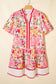 Pink Color Block Floral Print Contrast Trim V Neck Ruffle Hem Mini Dress