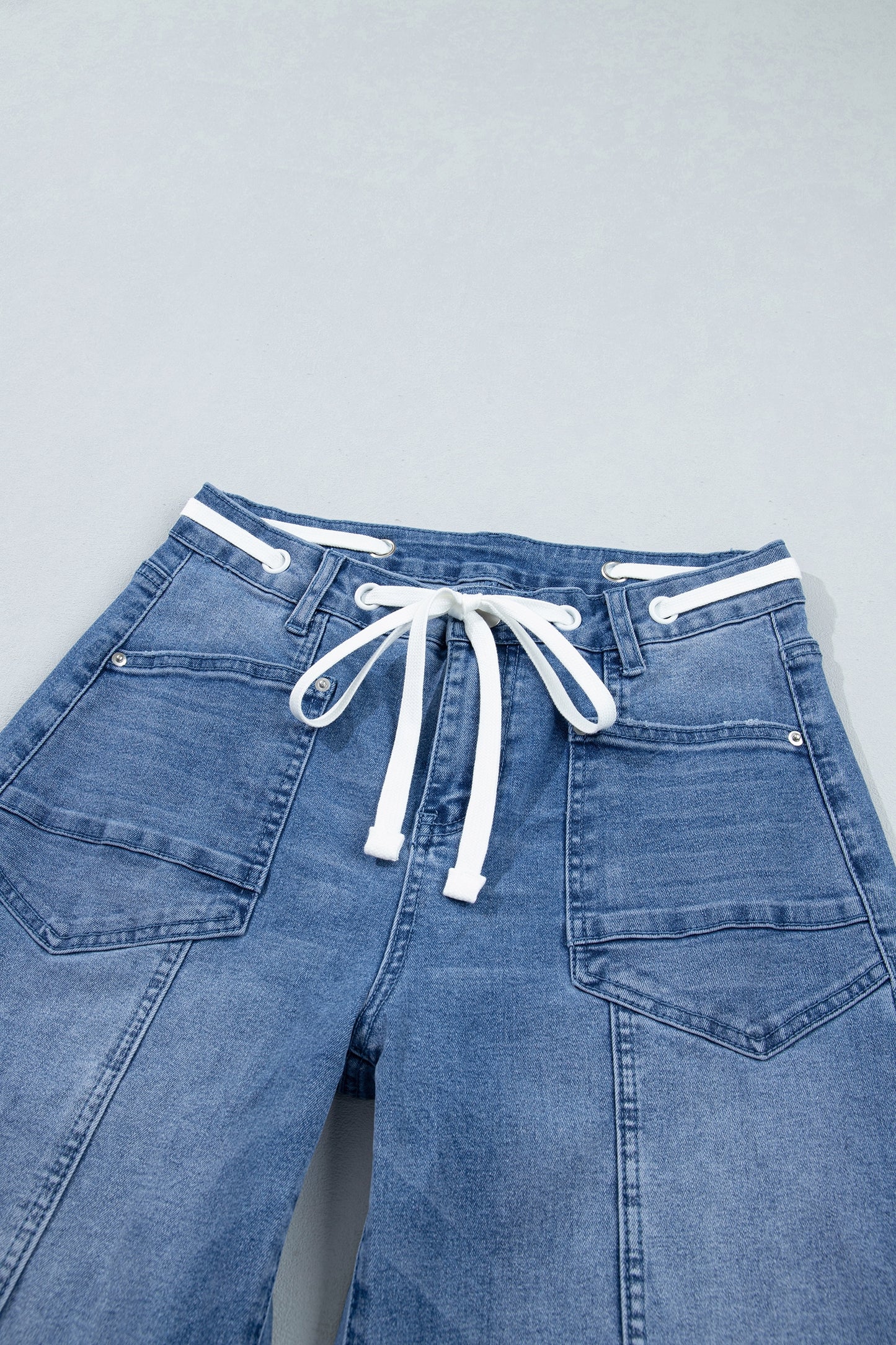 Beau Blue Solid Patchwork Grommet Tie Waist Loose Ankle-Length Jeans