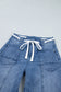 Beau Blue Solid Patchwork Grommet Tie Waist Loose Ankle-Length Jeans