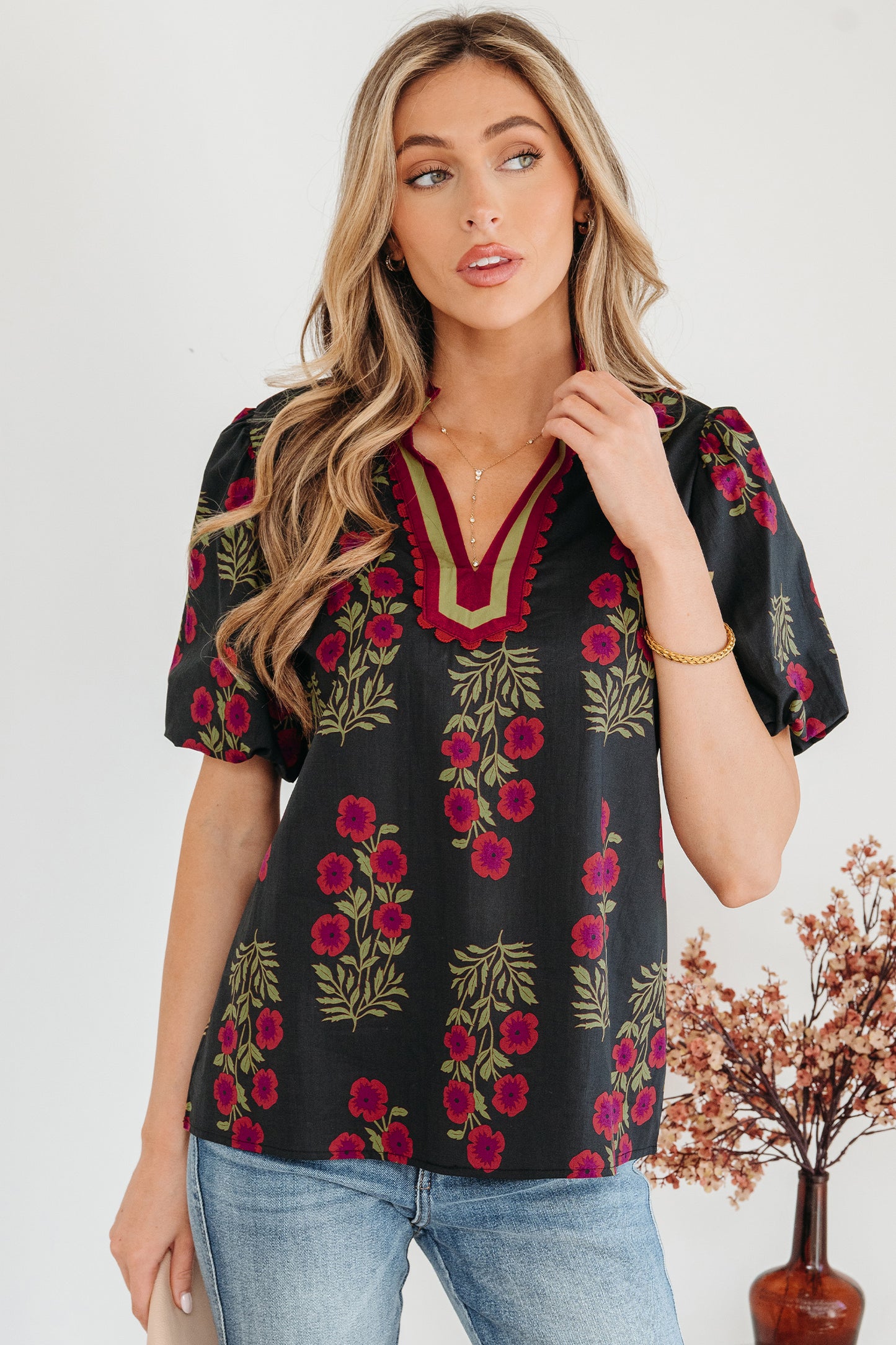 White Floral Short Bubble Sleeve Contrast Slit Neckline Blouse