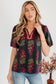 White Floral Short Bubble Sleeve Contrast Slit Neckline Blouse