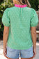 Green Gingham Plaid Bubble Sleeve Colorblock Trim V Neck Blouse