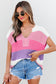Light Blue Color Block Notch V Neck Sweater T Shirt
