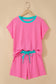 Clearly Aqua Soft Ribbed Color Block Trim Casual Short Set