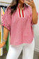 Green Plaid Short Sleeve Colorblock Trim Split Neck Blouse