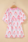Pink Floral Striped Print Tie Notched Neck Puff Sleeve Flared Mini Dress