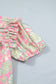 Pink Tie V Neck Floral Short Puff Sleeve Blouse