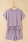 Brown Stripe Breathable Textured Knit Short 2pcs Set