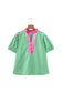 Green Gingham Plaid Bubble Sleeve Colorblock Trim V Neck Blouse