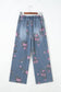 Beau Blue Floral Print Elastic Waist Pull On Casual Jeans