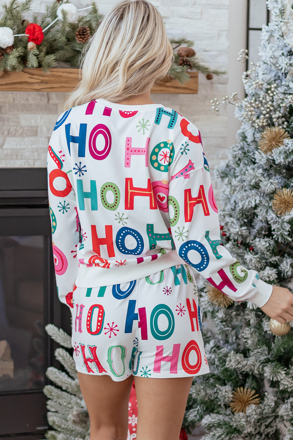 White Ho Ho Ho Christmas Fashion Print 2pcs Lounge Short Set