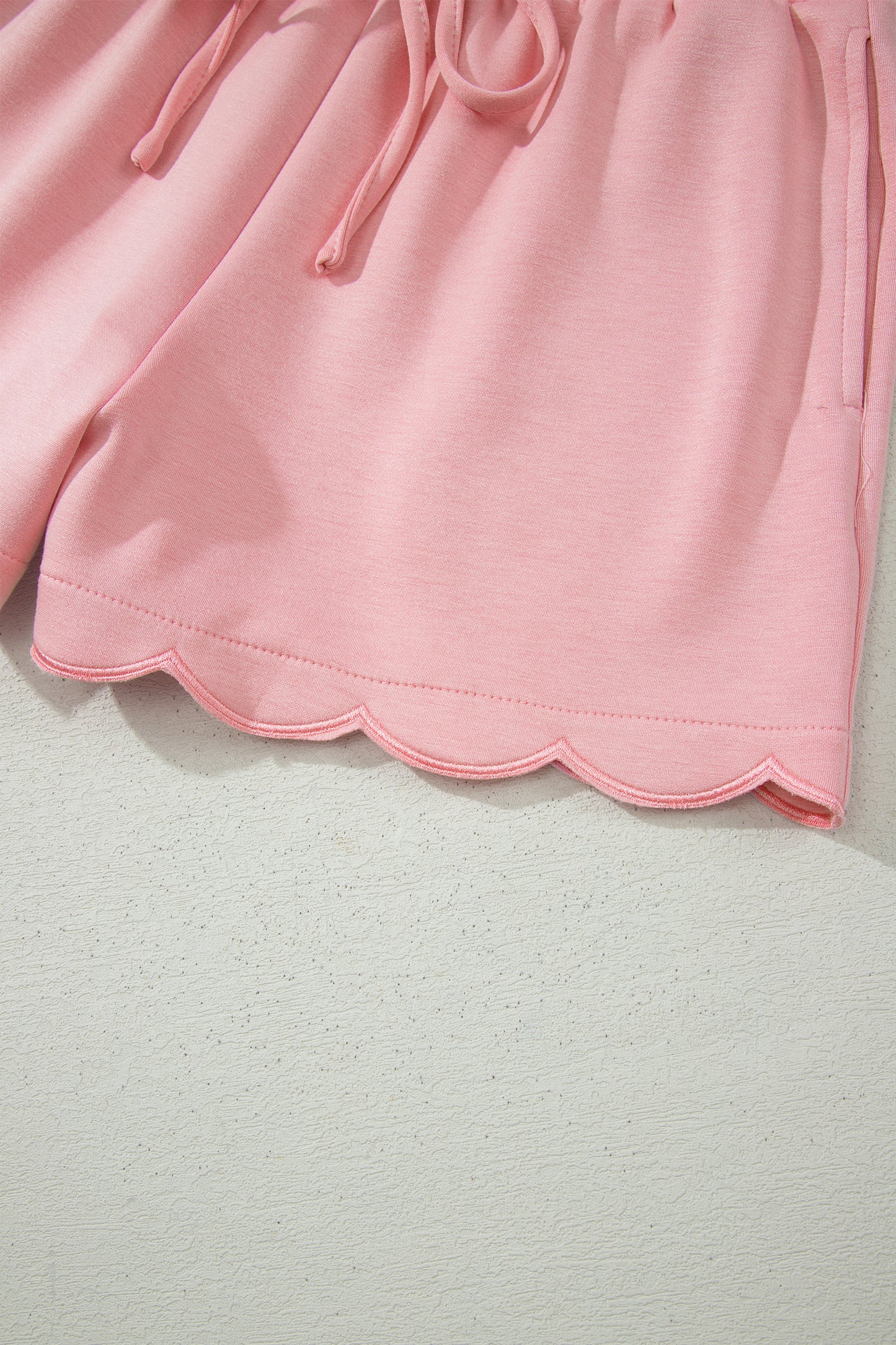 Gossamer Pink Scalloped V Neck Dolman Oversize Top Drawstring Short Set