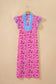 Pink Floral Print Color Block Patchwork V Neck Short Sleeve Midi Dress
