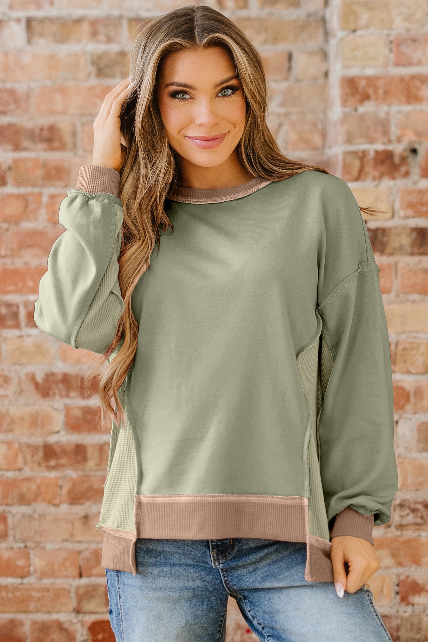 Light Pink Color Block Mix Texture Waffle Patchwork Oversize Sweatshirt