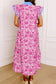 Pink Floral Print Color Block Patchwork V Neck Short Sleeve Midi Dress