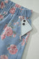 Sky Blue Floral Denim Short Sleeve Top Loose Shorts 2pcs Set