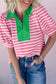Black Stripe Short Puff Sleeve Color Block Polo Collar Blouse