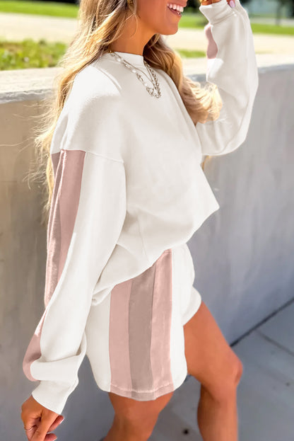 White Color Block Patchwork Drop Shoulder Pullover Casual Shorts 2pcs Outfit