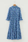 Brown Floral Printed Frilled V Neck Bracelet Sleeve Long Dress