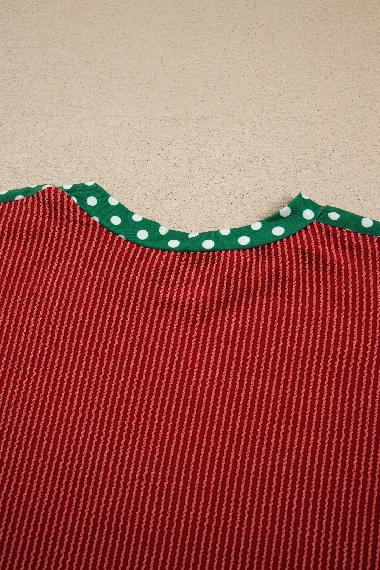 Red Cozy Ribbed Patchwork Polka Dot Trim Long Sleeve 2pcs Pant Set