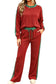 Red Cozy Ribbed Patchwork Polka Dot Trim Long Sleeve 2pcs Pant Set
