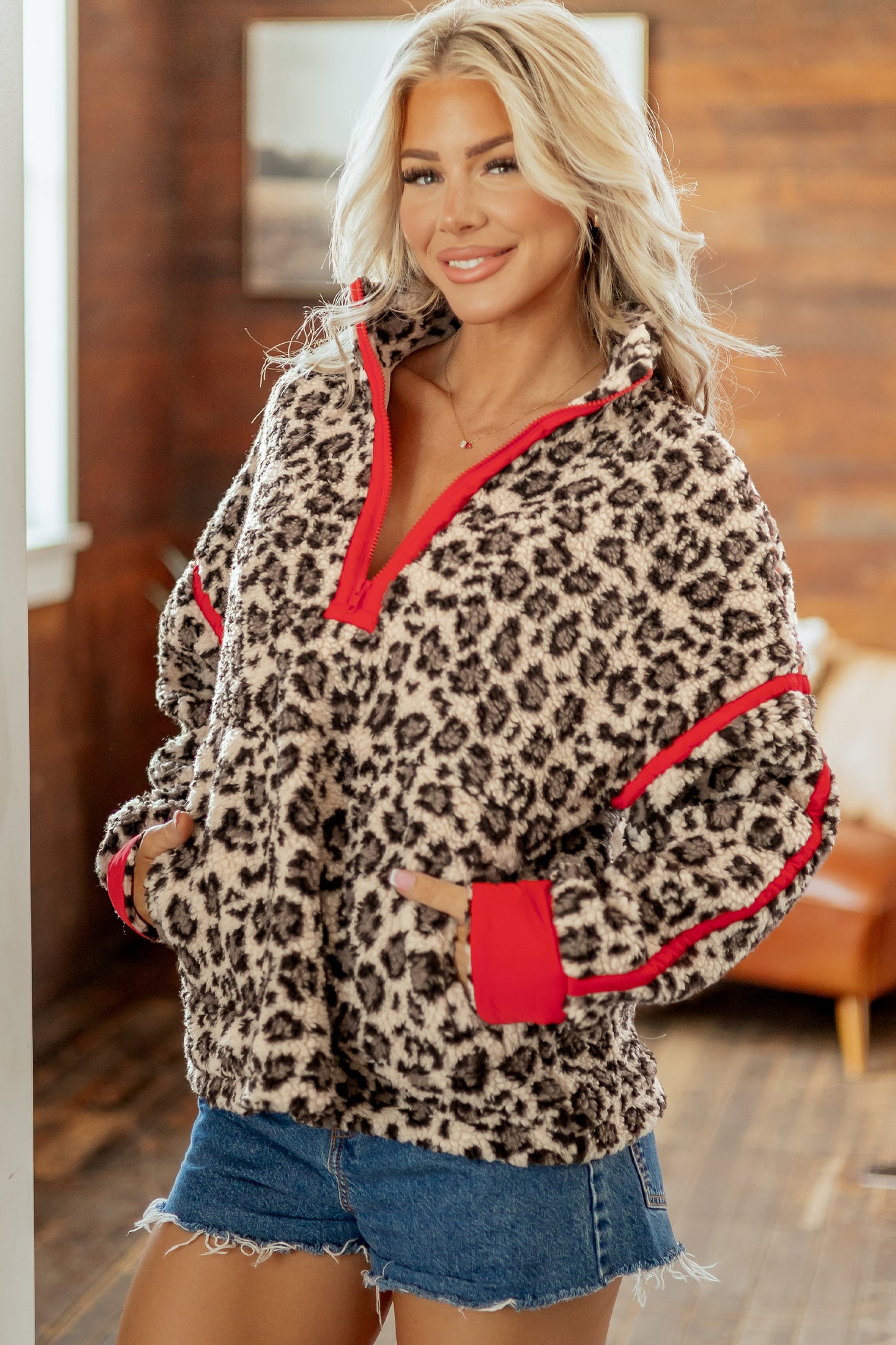 Brown Leopard Print Zip-Up Red Accents Pockets Sweatshirt