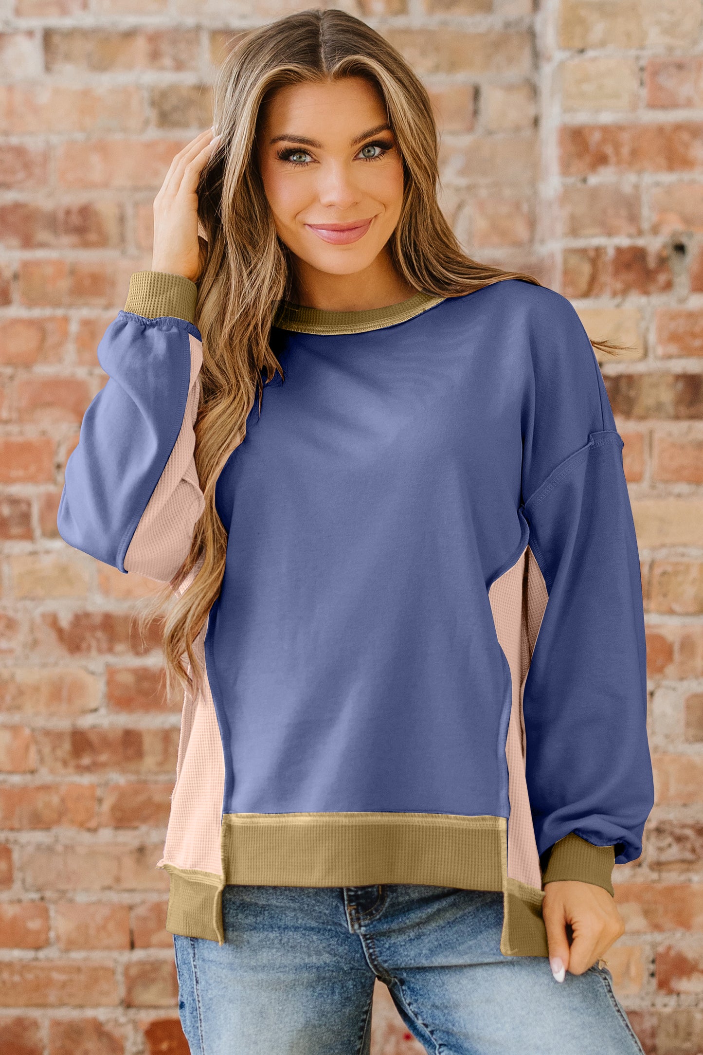 Light Pink Color Block Mix Texture Waffle Patchwork Oversize Sweatshirt