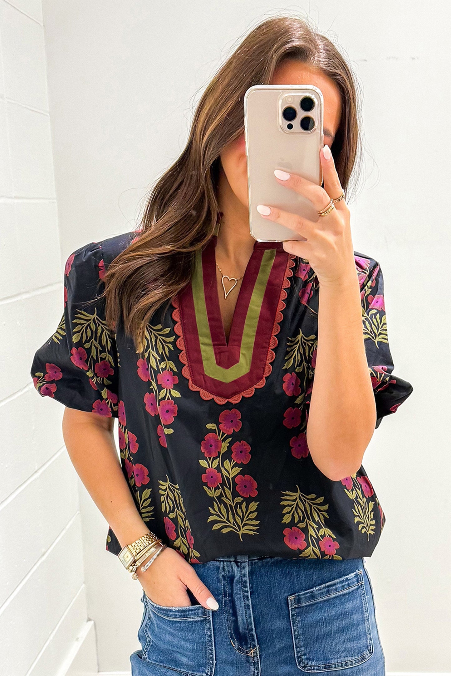 White Floral Short Bubble Sleeve Contrast Slit Neckline Blouse
