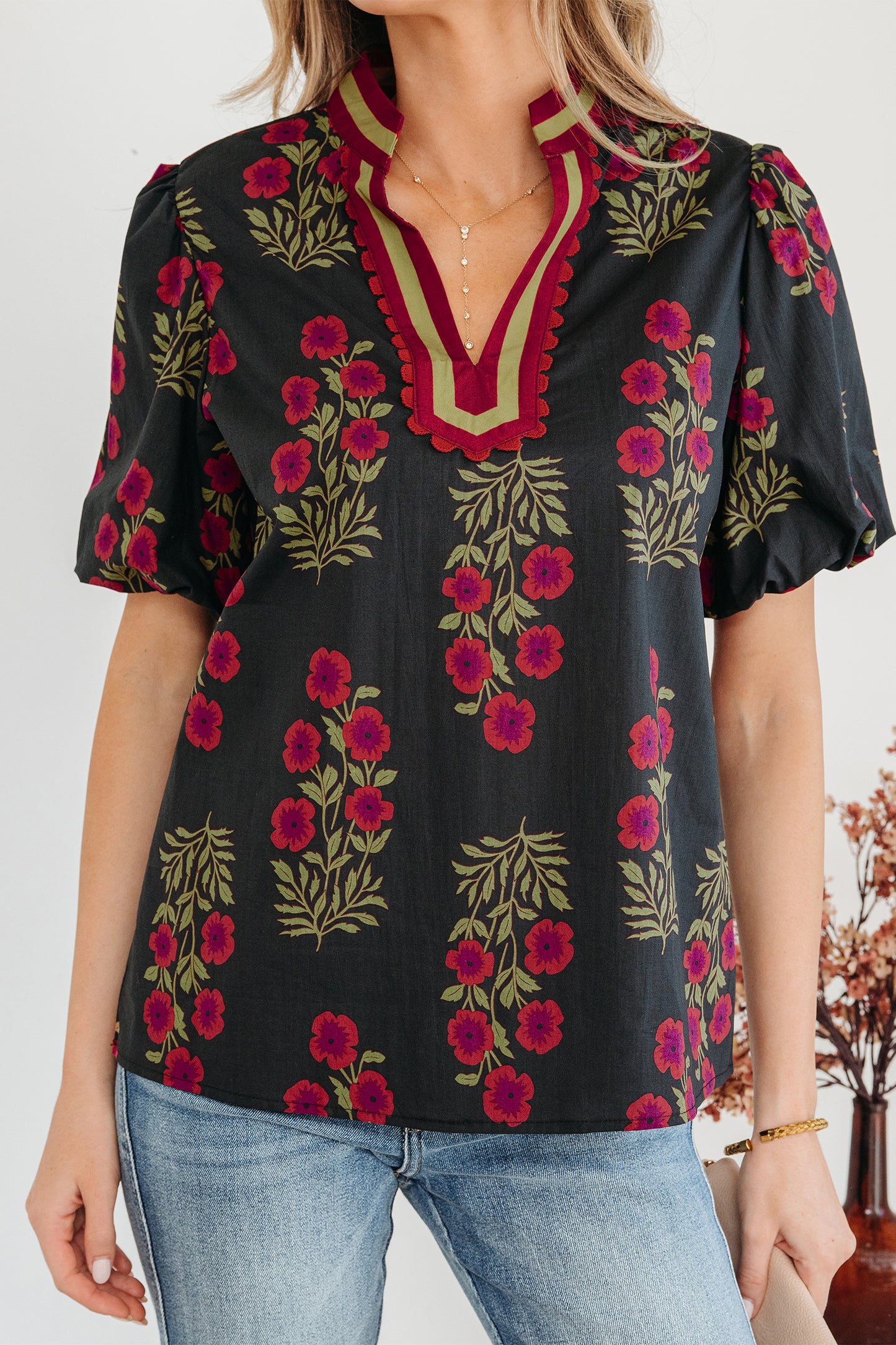 White Floral Short Bubble Sleeve Contrast Slit Neckline Blouse