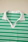 Green Stripe Collared V Neck Short Sleeve T Shirt Midi Dress with Pockets
