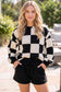 Black Checkerboard Plaid Long Sleeve Solid Color Shorts 2pcs Set