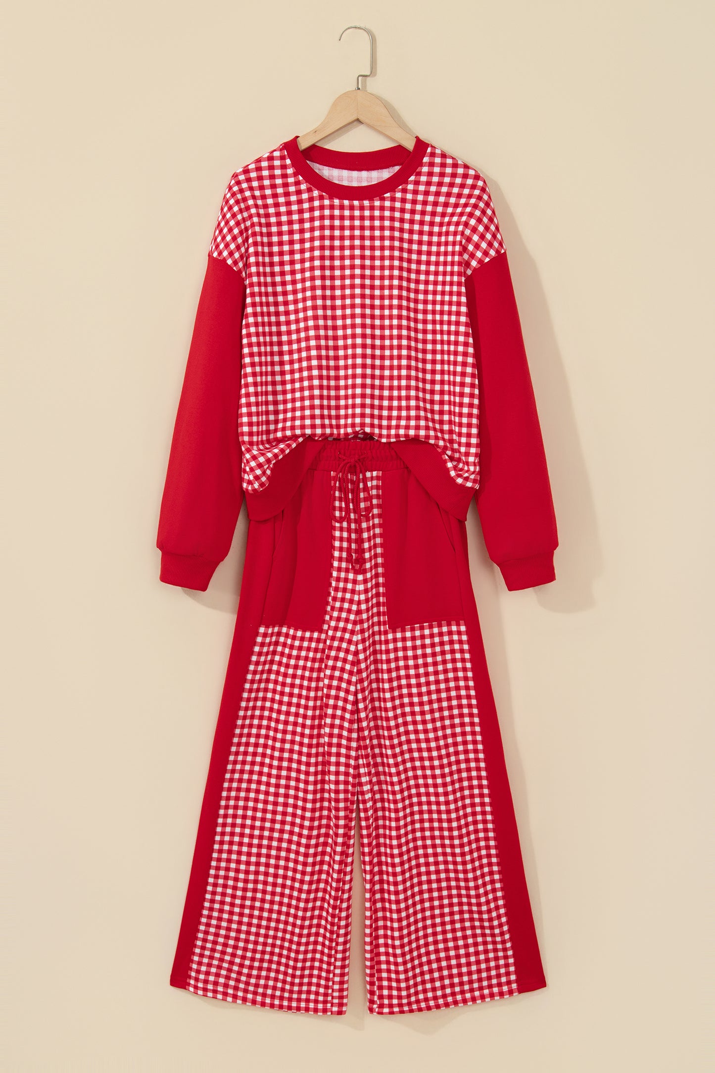 Red Color Block Plaid Patchwork Long Sleeve Pullover Wide Leg Pant Set
