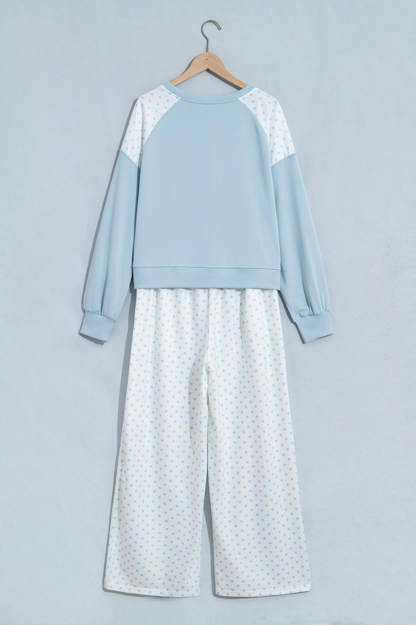 Pink Polka Dot Patchwork Colorblock Long Sleeve Casual Two Piece Pants Set