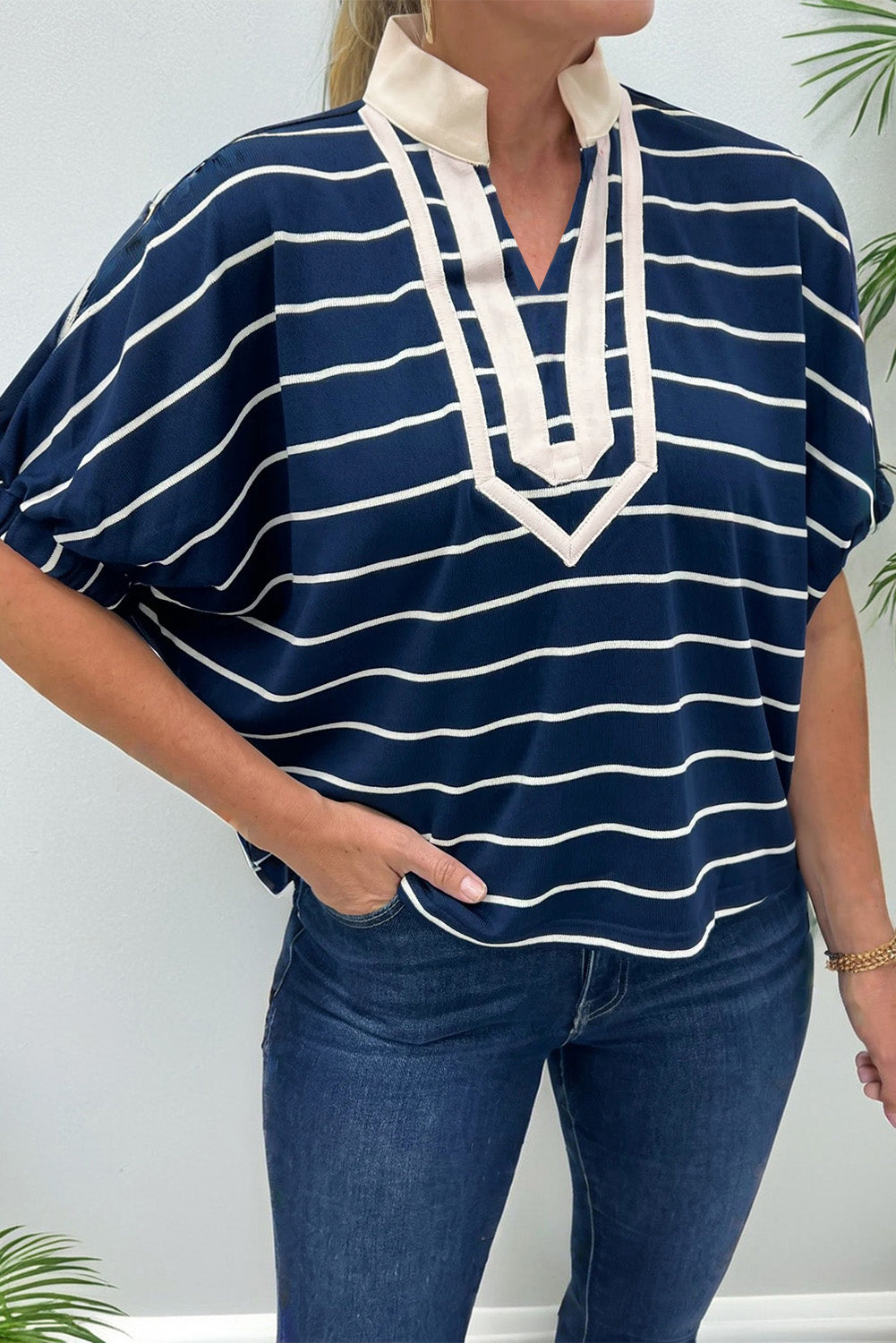 Black Stripe Stand Collar V Neck Elastic Cuffs Half Sleeve Dolman Top