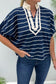 Black Stripe Stand Collar V Neck Elastic Cuffs Half Sleeve Dolman Top