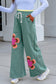 Sea Green Color Block Flower Patchwork Drawstring Contrasted Elastic Waist Wide Leg Pants