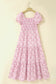 Pink Floral Short Bubble Sleeve Shirred High Waist Maxi Dress