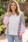 White Striped Colorblock V Neck Shift Long Sleeve Plus Size Blouse