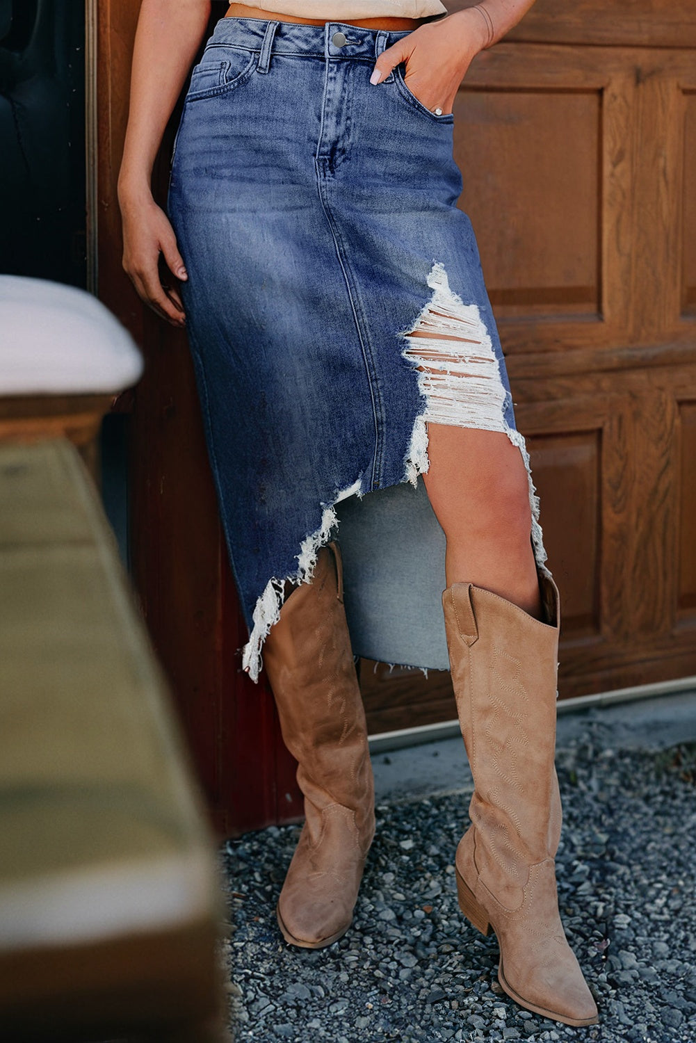 Dearlove Myosotis Irregular Distressed Bottom Denim Midi Skirt