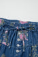 Blue Retro Floral Print Tie Elastic Waist Button Pintuck Wide Leg Jeans