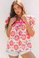 Rose Floral Ruffled Sleeve Ric-rac Trim Split Neck Loose Blouse
