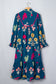 Blue Floral Print Gathered Neckline 7/8 Sleeve Casual Midi Dress