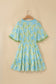 Sky Blue Floral Print High Waist Ruffle Short Sleeve Mini Dress