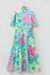 Pink Floral Print Striped Trim Button Down Short Sleeve Vacation Dress