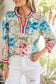 Sky Blue Contrast Trim V Neck Cuffed Bracelet Sleeve Floral Blouse