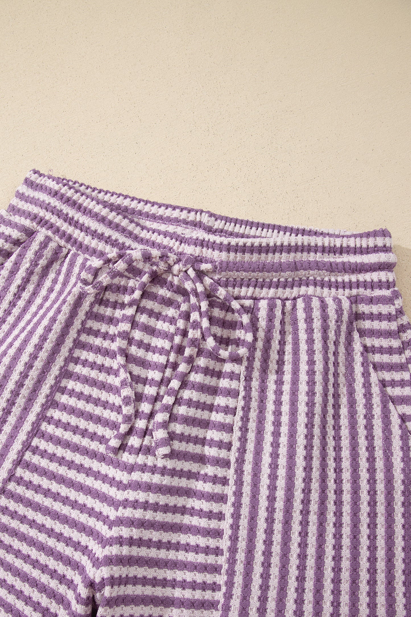 Brown Stripe Breathable Textured Knit Short 2pcs Set