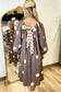 Brown Polka Dot Contrast Bow Knot Back Long Sleeve Midi Dress