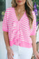Green Stripe Short Sleeve Knit V Neck Bow Knot Sweater